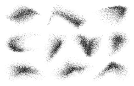 Noise dot grain brush. Vector set of irregularly shaped black dust, sand or particle dispersions, as dense, grainy clusters that gradually dissipate into scattered specks, abstract, textural pattern