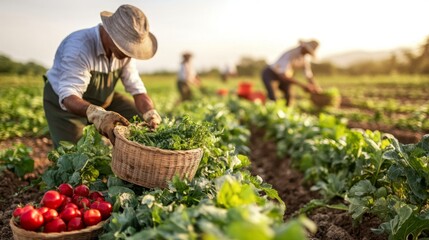 Farmers harvesting vegetables in a sunny field, agriculture, rural.