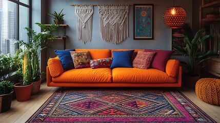 Boho-inspired loft living room with vibrant, patterned rugs, eclectic furniture, and colorful textiles, featuring macram&eacute; wall hangings, potted plants, and a cozy, inviting atmosphere under soft,