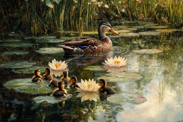 Obraz premium A serene scene features a mother duck swimming gracefully among her ducklings. Beautiful water lilies bloom nearby. Natures harmony unfolds in this delightful setting. Generative AI