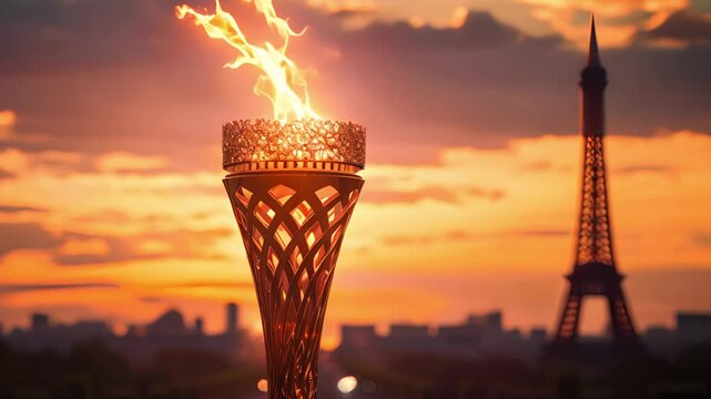  A torch with fire against the background of the Eiffel Tower in Paris. Olympic Games in 2024.