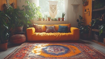 Boho-inspired loft living room with vibrant, patterned rugs, eclectic furniture, and colorful textiles, featuring macramé wall hangings, potted plants, and a cozy, inviting atmosphere under soft,
