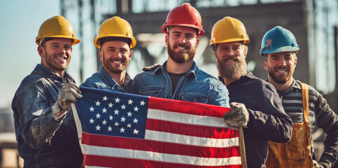 Construction Crew in Hardhats Holding American Flag at Job Site