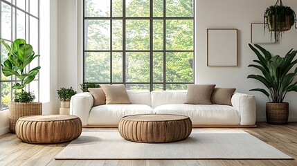 Bright and airy Scandinavian loft living room with light wood floors, white walls, and minimalist furniture, featuring clean lines, simple decor,
