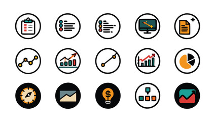 Set of workflow progress roadmap icons for business performance and project management.