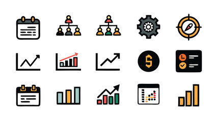 Set of icons representing workflow progress and business performance roadmap.