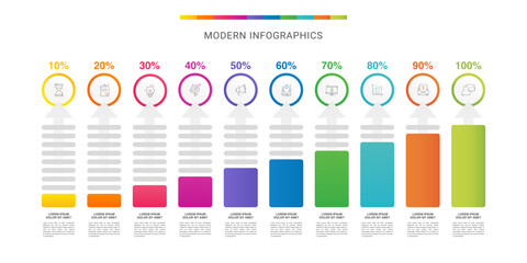 Presentation of modern vector infographic. Business template with 10 steps, arrows with illustration Infographic for bar graph, chart, app, website. Progress bar with ten steps percentage diagrams.