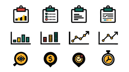 Set of 12 workflow progress roadmap icons for business performance.