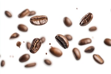 Coffee beans falling in the air isolated on a white background. Coffee beans flying , ai