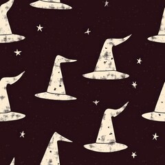 Vintage witches' hats pattern on vintage burgundy fabric background, seamless repeating pattern, textile print style, minimal, Halloween design, seamless hat pattern, home decor, textiles