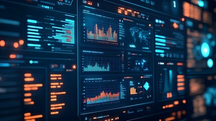 Naklejka premium Futuristic Data Analysis Screen with Graphs and Charts