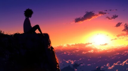 Obraz premium A character sits quietly on a rocky edge, lost in thought as they admire a colorful sunset over the horizon