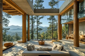 Fototapeta premium Modern Cabin with Expansive Mountain View and Minimalist Design