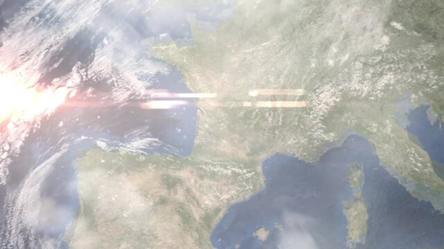 Earth zoom in from space and focus on Bergerac, France. Background for travel intro or blog. Satellite view. 3D style Animation. Images from NASA.