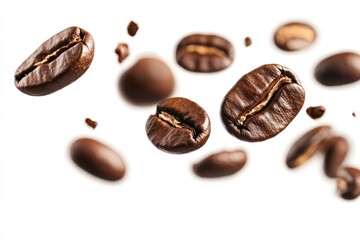 Fototapeta premium Coffee beans falling in the air isolated on a white background. Coffee beans flying , ai