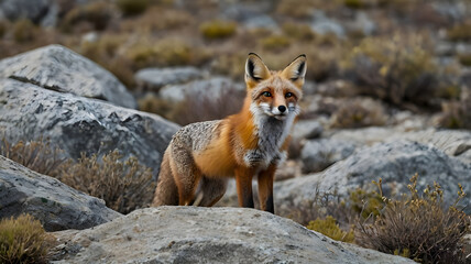 A gray fox is looking to the side