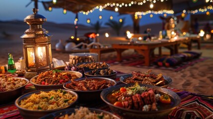 Fototapeta premium Indulge in a traditional Bedouin-style dinner under the stars during your Dubai Desert Safari.