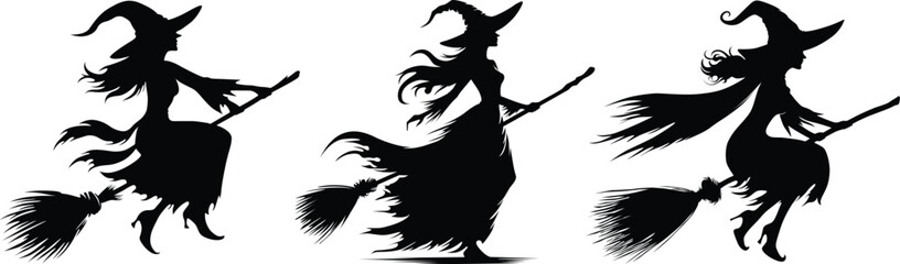 Set of 3 Vector illustrations of Halloween silhouette wicked witch with hat and broomstick, Vector graphics