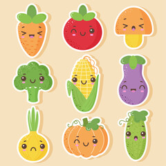 A set of cute vegetable stickers with kawaii eyes in a flat style.	