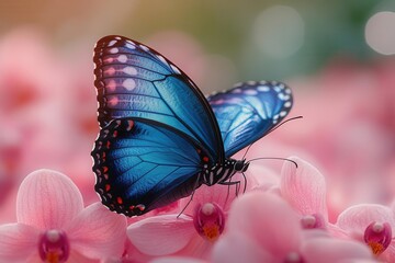 vibrant blue morpho butterfly perched on edge of pink orchid iridescent wings open extreme macro detail of scales and proboscis soft green bokeh background