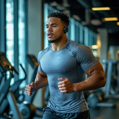 Fototapeta premium Athletic man running on treadmill in gym