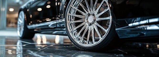 Close-up of a Shiny Chrome Wheel on a Black Car