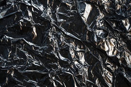A close-up of a wrinkled plastic and foil texture, featuring crumpled patterns and a mix of silver and black hues.