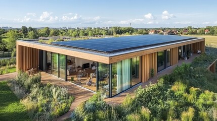 Obraz premium Modern Sustainable Home With Solar Panels, Green Roof and Large Windows Surrounded by Lush Nature.
