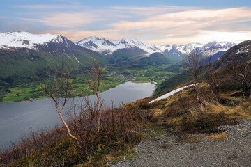 Aerial view of the village Isfjorden, Norway