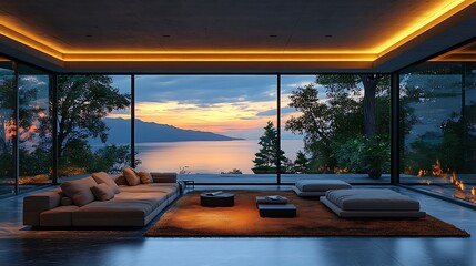 Fototapeta premium Loft living room with expansive windows offering a sweeping view of a beautiful lake at sunset, featuring modern furniture, soft lighting,