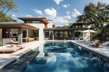 Fototapeta premium House With Pool. Modern Architecture with Outdoor Swimming Pool and Sunbed