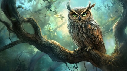 A Wise Owl Perched on a Branch in a Foggy Forest