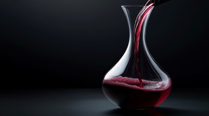 An elegant wine decanter with red wine being poured into it, with the rich, deep color of the wine contrasting against a sophisticated, minimalist background.