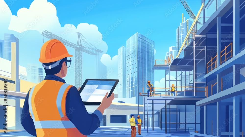 Poster An engineer holding a tablet, inspecting the progress of a high-rise building while communicating with workers on-site, with scaffolding and machinery around.
