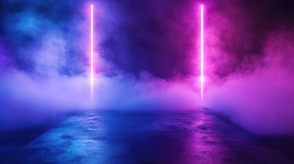 Abstract Background with Neon Blue and Purple Smoke. Glowing Light on Floor in Studio Room with Empty Space for Product Presentation