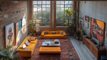 Loft living room with vintage vibes, featuring an array of retro furniture, a vibrant patterned...