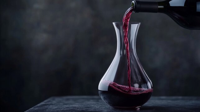 An elegant wine decanter with red wine being poured into it, with the rich, deep color of the wine contrasting against a sophisticated, minimalist background.