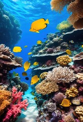 Obraz premium vibrant underwater coral reef diverse sea creatures displaying rich marine life colorful ecosystem, anemone, algae, aquatic, biodiversity, crabs, currents