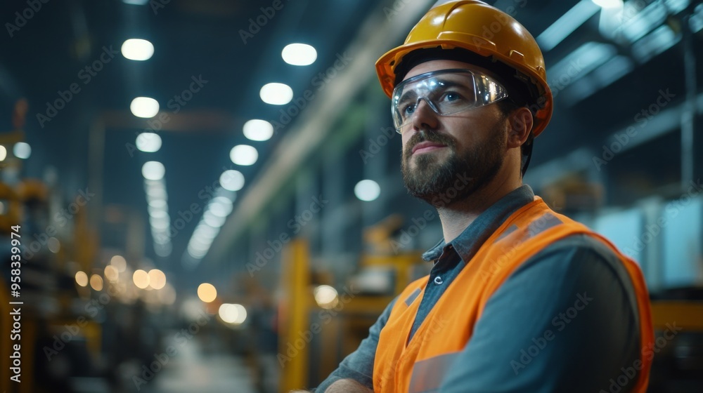 Poster An engineer in a factory setting, supervising the assembly line with safety gear on, while discussing production efficiency with a colleague beside heavy machinery.
