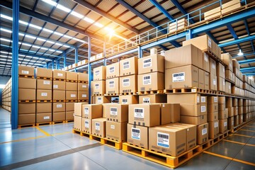 warehouse with stack of boxes with metal boxes. concept for logistics, delivery and warehouse