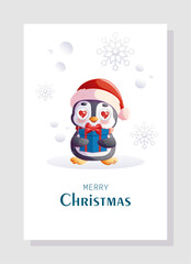 Merry Christmas and New Year greeting card. The Christmas character is a penguin in a Santa hat and a gift. Vector illustration for poster, banner, postcard, invitation, cover.