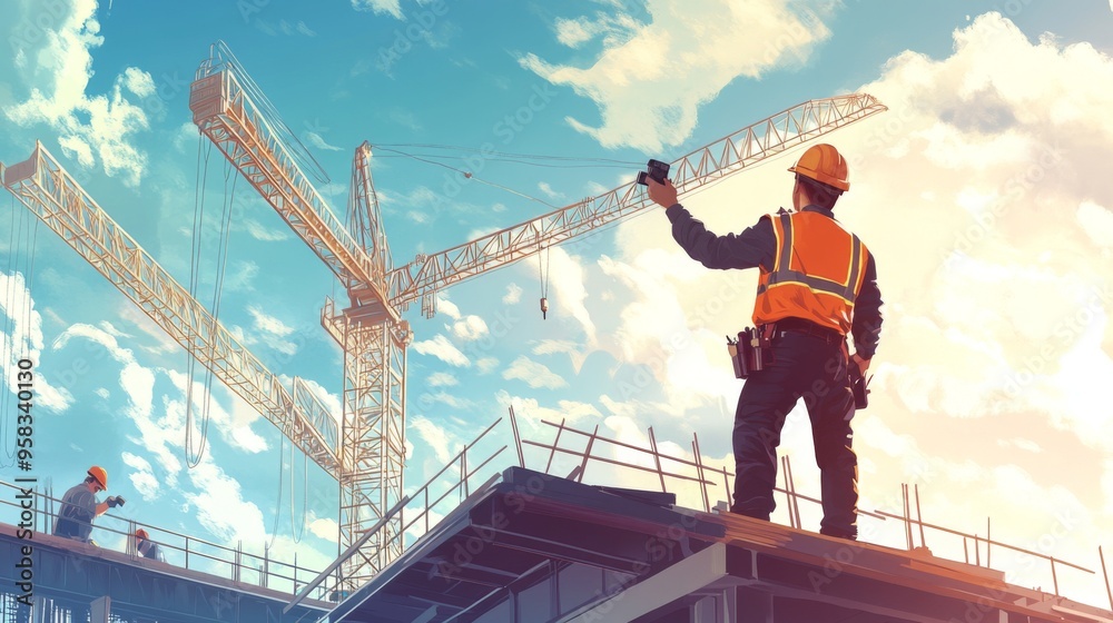 Aufkleber An engineer standing on a bridge under construction, holding a radio and giving instructions to workers below, with the framework of the bridge stretching out behind them.