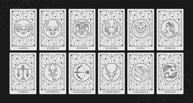 Zodiac cards. Astrology horoscope signs. Decorative magic spiritual calendar with predictions for media content. Fortune-telling. Mystic zodiac symbols frames. Vector concept.