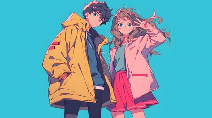 Anime Couple in Colorful Jackets on Blue Background