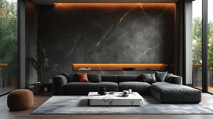 Monochrome-inspired loft living room with a mix of black, white, and gray tones, featuring a sleek black leather sofa, white marble coffee table, and gray accent pieces,