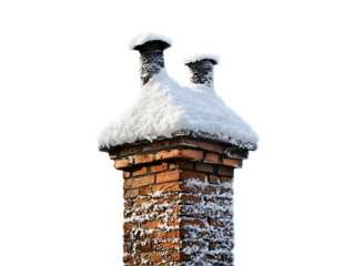 Snow-covered brick chimney isolated on transparent or white background