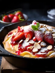Fresh delicious dutch baby pancake with powdered sugar, fresh berries and mint for breakfast