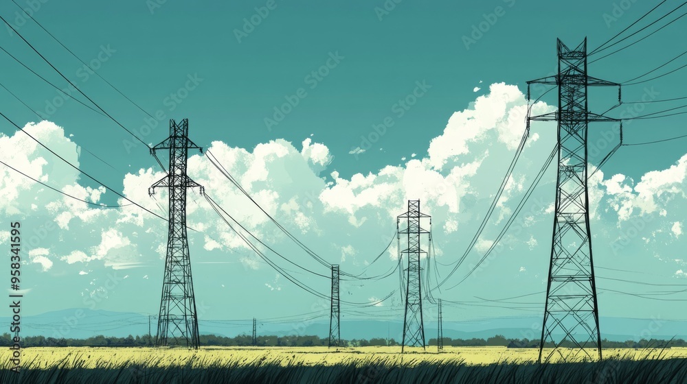Poster an industrial landscape featuring several high-voltage power lines and transmission towers stretchin