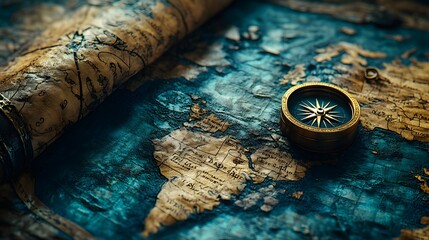 Vintage Compass and Antique World Map on Blue Background