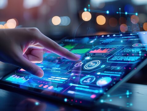 A close-up view of a hand interacting with a futuristic digital tablet interface displaying graphs and data analysis.